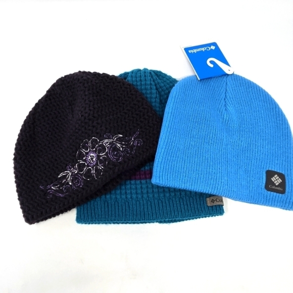 COLUMBIA LOT OF THREE BEANIE HATS WINTER TEAL BLUE PURPLE WOMEN OS - Picture 1 of 12
